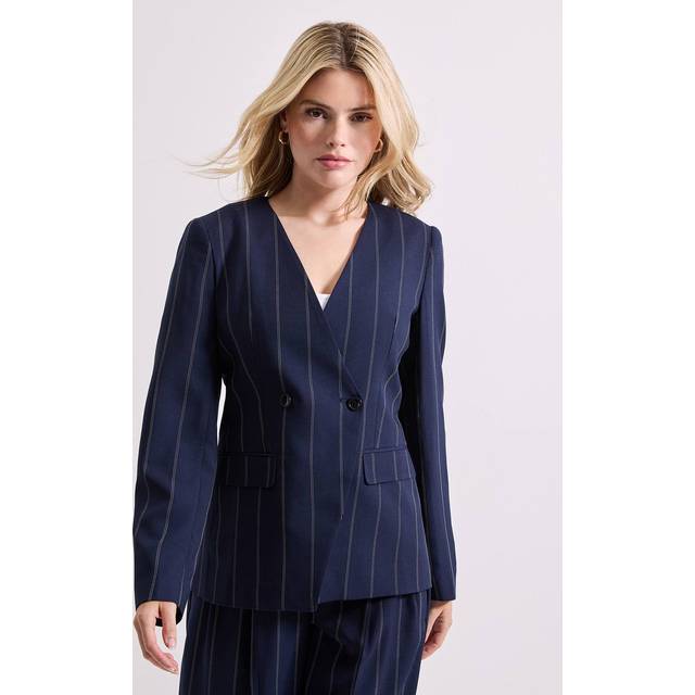 Womens V Neck Longline Pinstripe Blazer - Navy - 18