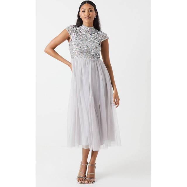 Floral Embellished Cap Sleeve Bridesmaid Midi Dress - Grey Mist - 8