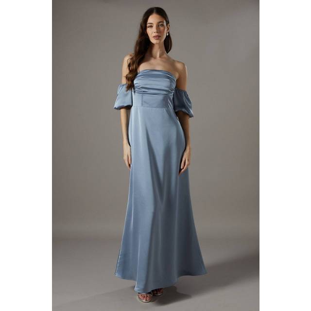 Puff Sleeve Bardot Satin Maxi Bridesmaids Dress - Dusty Blue - 16
