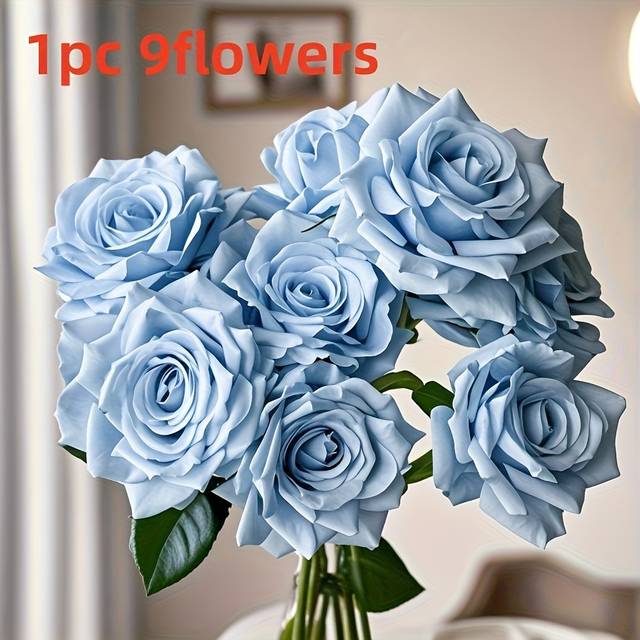 TEMU 9-head Light Blue Artificial Rose Bouquet - Realistic Plastic Roses For Wedding Decor, Bridal Gift, Spring Party & Home Table Centerpiece, Wedding Bouquet, Sophisticated Decor, Textured