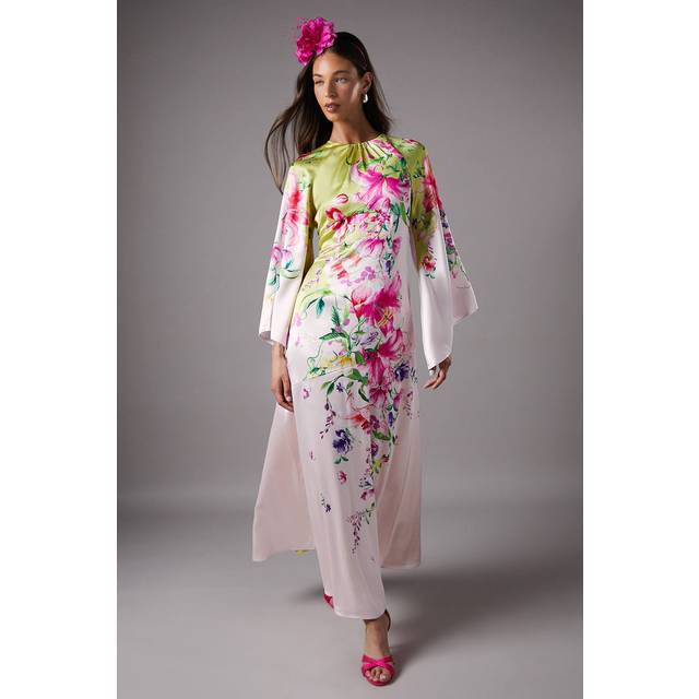 Long Sleeve Satin Printed Maxi Dress - Green - 10