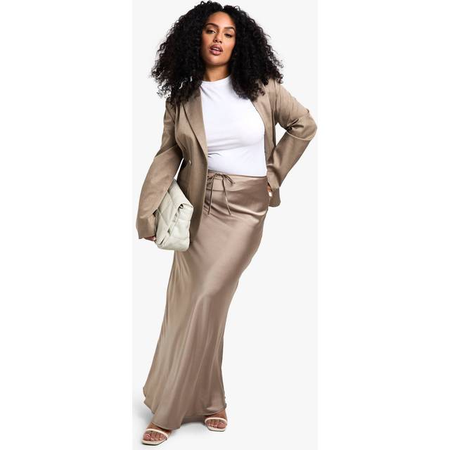 Womens Plus Satin Drawcord Maxi Skirt - Champagne - 28