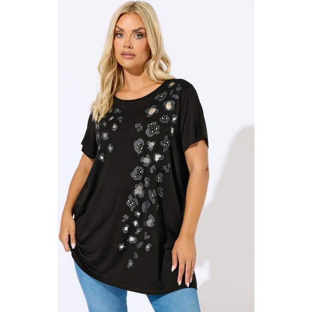 Yours Curve Black Leopard Embellished Tshirt, Women's Curve & Plus Size, Yours - 18