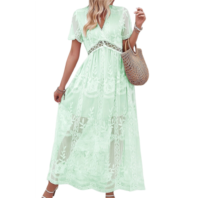 Women'S V Neck Short Sleeve Floral Lace Wedding Dress Bridesmaid Cocktail Party Maxi Green S
