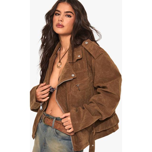 Womens Vintage Suede Look Oversized Biker Jacket - Brown - 14, Brown