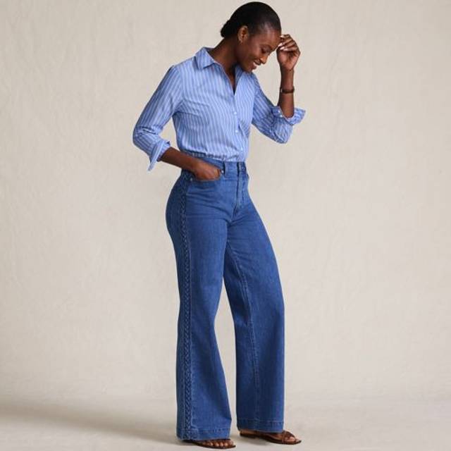 Petite Soft Denim Braided Seam Wide Leg Jeans - Blue - 10