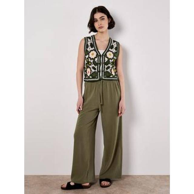 Apricot Women's Khaki Drawstring Waist Wide Leg Trousers New Look - UK 10