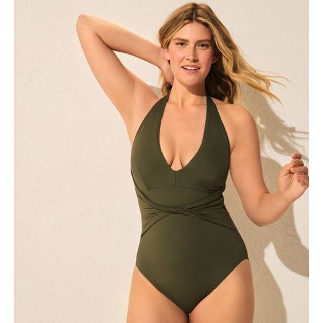Sculpting Halter Neck High Leg Swimsuit - Olive - 10