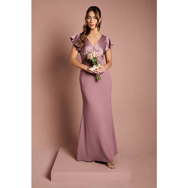 Coast Honoured V Neck Angel Short Sleeve Satin Maxi Bridesmaid Dress - Dusty Mauve - 14