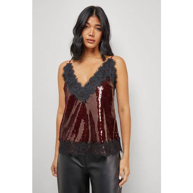 Warehouse Sequin Lace Trim High Apex Cami Top In Dark Red - dark red - 10