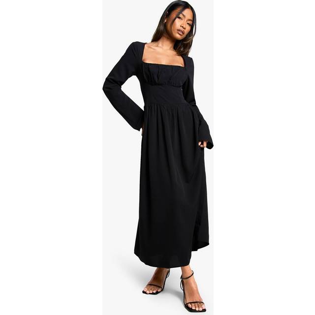 Womens Textured Long Sleeve Milkmaid Midaxi Dress - Black - 10