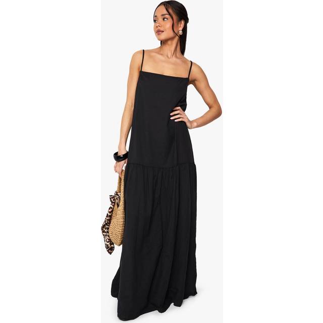 Womens Linen Drop Waist Strappy Maxi Dress - Black - 10, Black