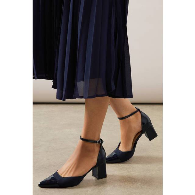 Wallis Wide Fit Dollis Pointed Two Part Toe Cap High Block Heel Court Shoes In Navy - navy - 3
