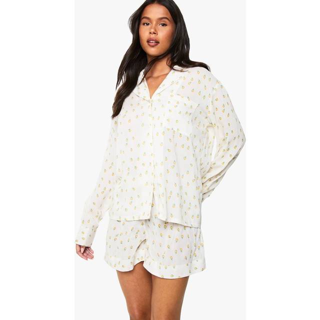Womens Lemon Print Cheesecloth Long Sleeve Shirt & Shorts Pyjama Set - Yellow - 6, Yellow