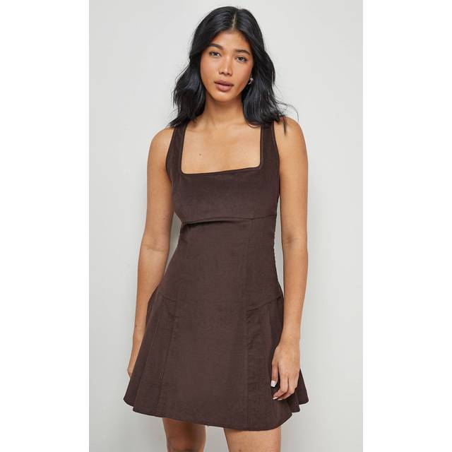 Warehouse Cord Square Neck Pinafore Mini Dress In Chocolate - chocolate - 10