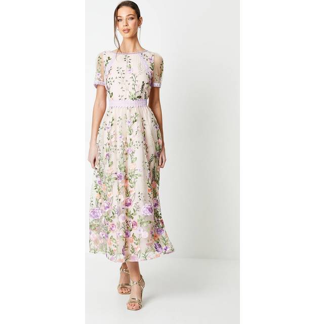 Coast Womens Midi Dress Blush Elegant Embroidered Mesh Cinched Waist