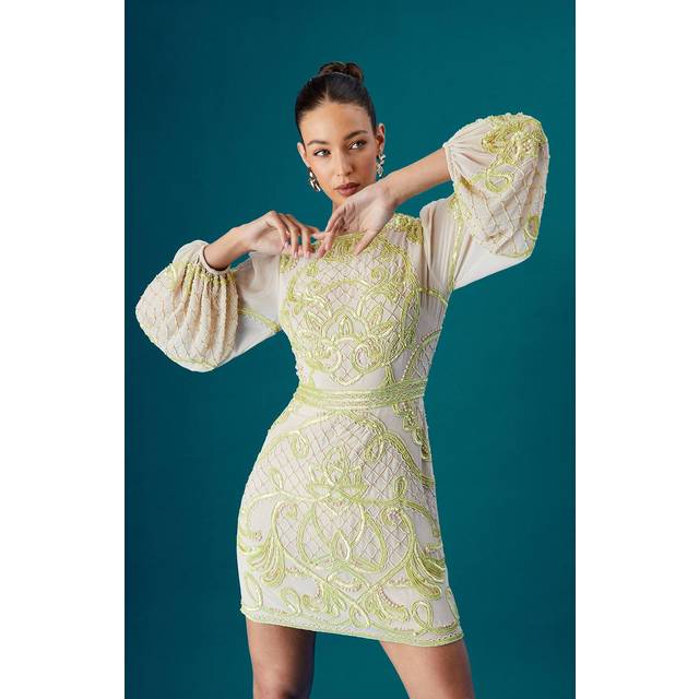 Coast Muse Chiffon Embellished Mini Dress With Blouson Sleeves - Natural - 10