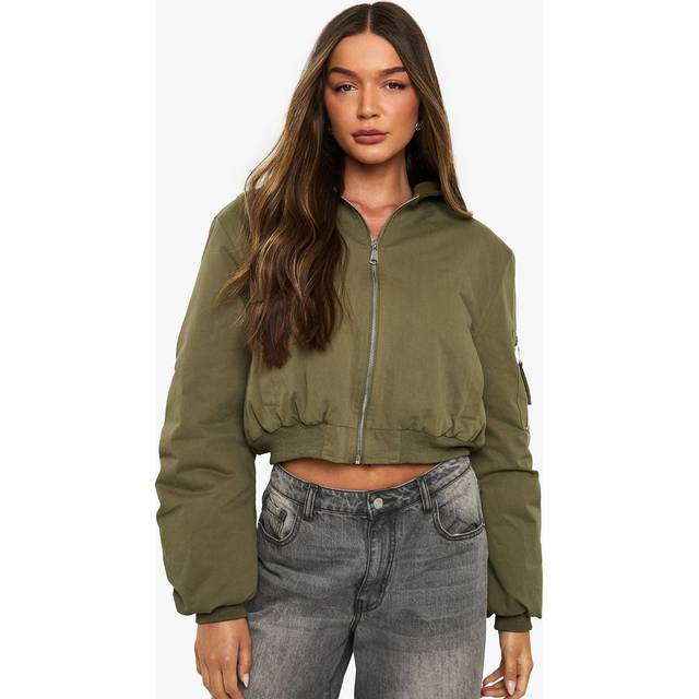 Womens Contrast Hood Bomber Jacket - Khaki - 16