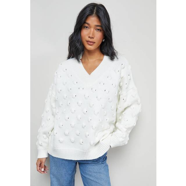 Warehouse Bubble Knit Slouchy V Neck Jumper In Ivory - ivory - L