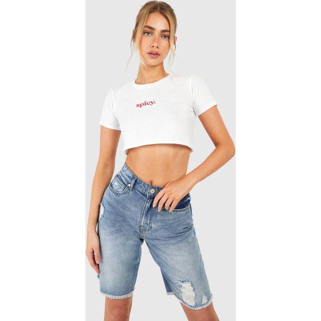 Womens Ripped Raw Hem Longline Denim Jorts - Blue - 6, Blue