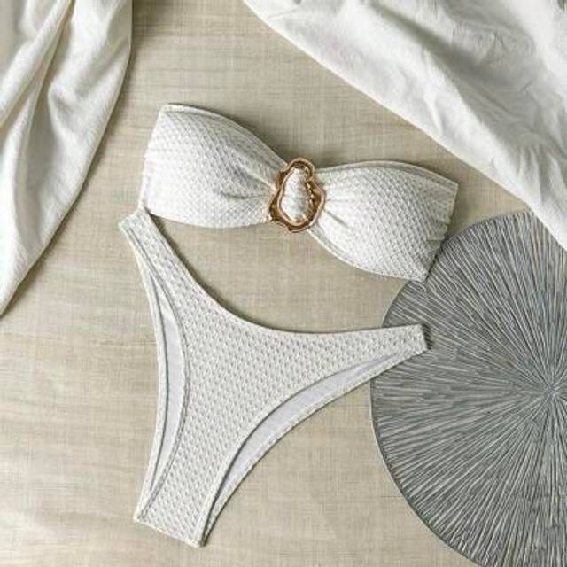 SHEIN Knit Jacquard Metal Decor Bandeau Top And Swimming Shorts Women Beach Summer Vacation Casual Bikini Set Set