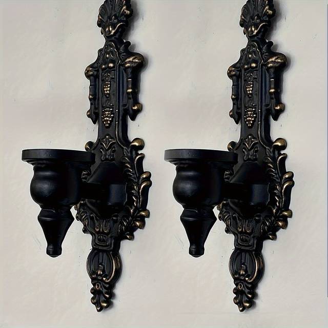 TEMU Pair Of Vintage European Court Style Wall Sconce Candle Holders - Romantic Metal & Iron Decor With Intricate Floral Patterns, Christmas, Halloween, Thanksgiving, Hanukkah & Eid Al-fitr