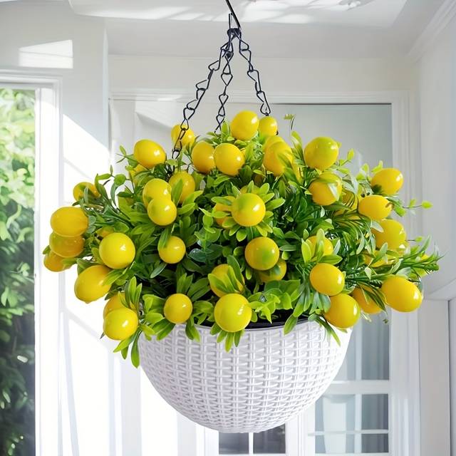 TEMU 1pc Artificial Hanging Lemon Tree With Flower Basket - Lemon Branches For Indoor/outdoor Home, Office, And Garden Decor, Weddings, Graduation Season, And Seasonal Celebrations, Lemon