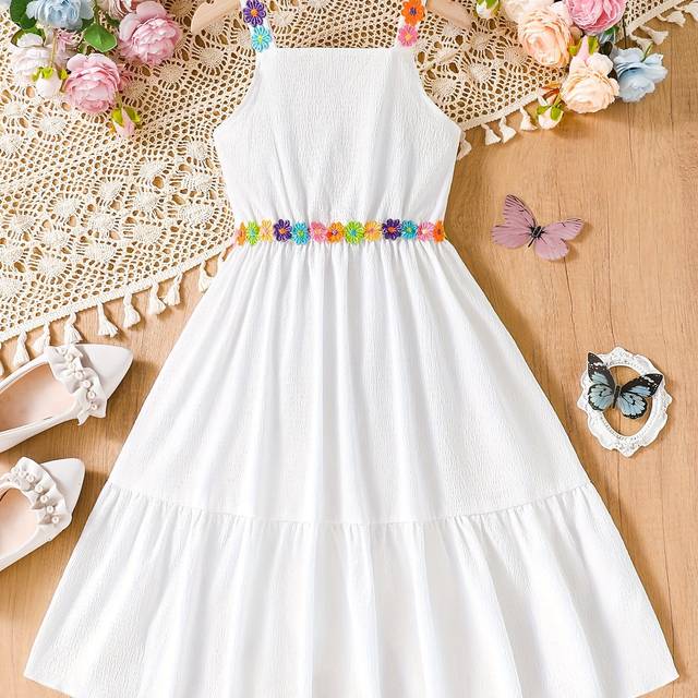 TEMU Summer Girls' Floral Embroidered Spaghetti Strap Dress With Waist Cincher - Hem, Sleeveless, Lightweight Polyester Blend, Casual , Cute Dresses For Girls, Casual Wear, Delicate Embroidery