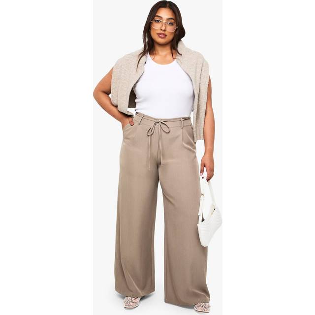 Womens Plus Woven Elasticated Back Tie Belt Wide Leg Trouser - Taupe - 26