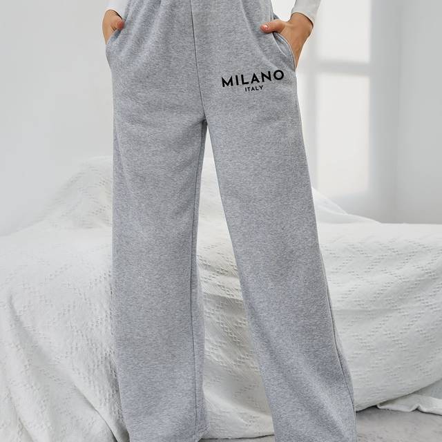 TEMU Women's Casual Straight-leg Joggers With An Waistband - Comfortable And Loose Sports Pants For Spring, Summer, And Autumn, Featuring Trendy Letter Prints, Running Or Lounging At Home.