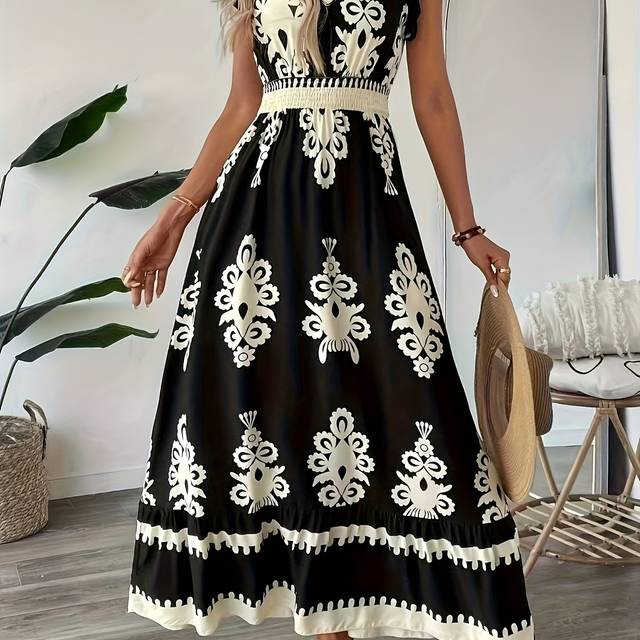 TEMU Elegant Women's V-neck Long Dress With Intricate Geometric Patterns - Short Sleeve Ruffle Hem, Black And White, Evening And Casual Wear, Casual Wear Dress | Dress | Polyester