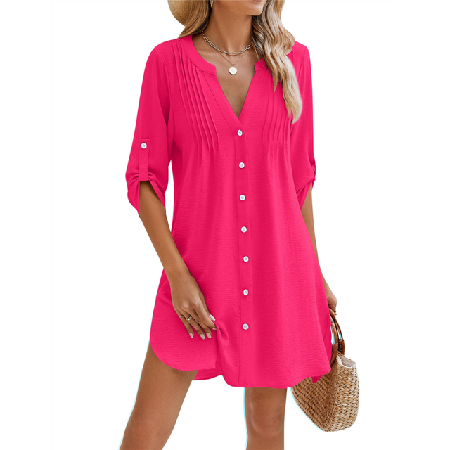 Women Beach Cover Ups V Neck Button Down Swimsuit Coverup Swimwear Bathing Suit Up Rose Red M