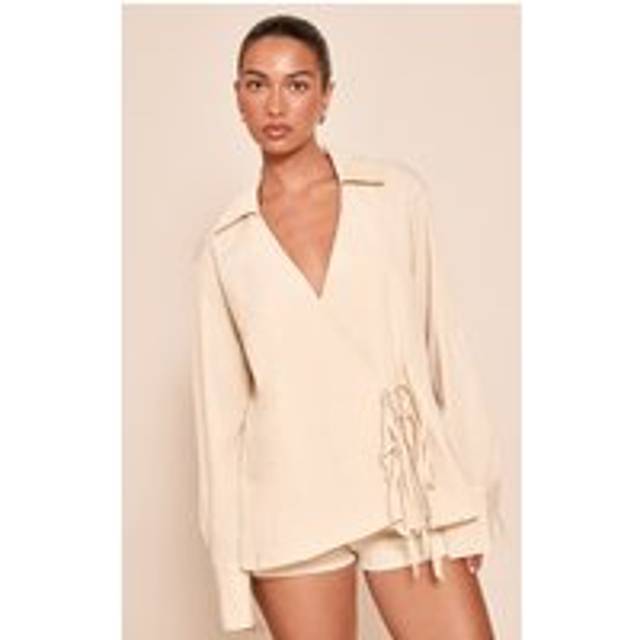 Stone Textured Wrap Tie Shirt, White - 12