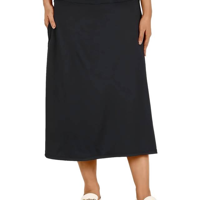 TEMU Plus Size Casual Knee High Skirt, Polyester Knit Fabric With Medium Stretch, Solid Color, Straight Cut, With Pockets For All