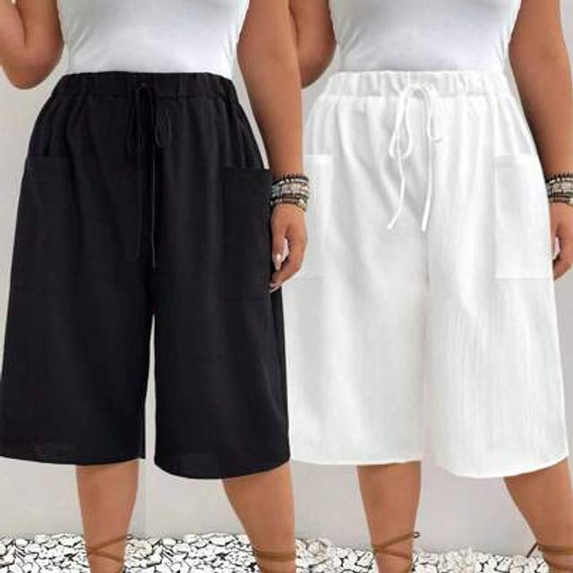 EMERY ROSE 2pcs Elegant Commuter Casual Fashionable Versatile Comfortable Fabric Elastic Waist Tie Detail Pocket Design Shorts, Black & White, Plus Size