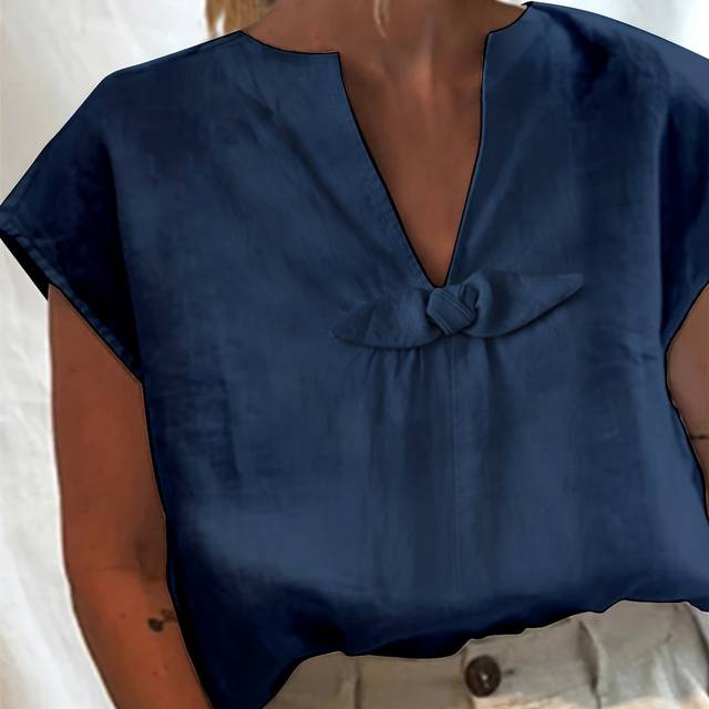 TEMU Plus Size - Elegant Plus Size V-neck Blouse With Bow Detail - Lightweight Chiffon, Short Sleeve, Loose Fit, Solid Color, Spring/summer , Ladies' Fashion, Plus Size Blouses