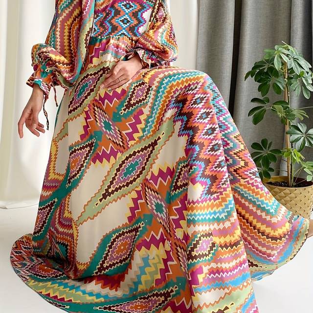 TEMU Tribal Allover Print Maxi Modest Dress, Vacation Lantern Long Sleeve Crew Neck Waist Colorful Dress, Women's Clothing