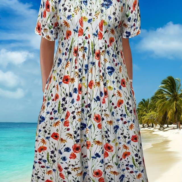 TEMU Plus Size - Plus Size Women's Elegant Floral Print T-shirt Dress - Slim Fit, Round Neck, Short Sleeve With Pockets, Casual Summer Beachwear, White With Red & Green Flowers, Beach Dress