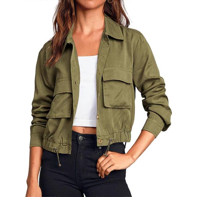 (S, Army Green) Women&#39;s Solid Colour Single Breasted Long-sleeve Drawstring Thin Jacket