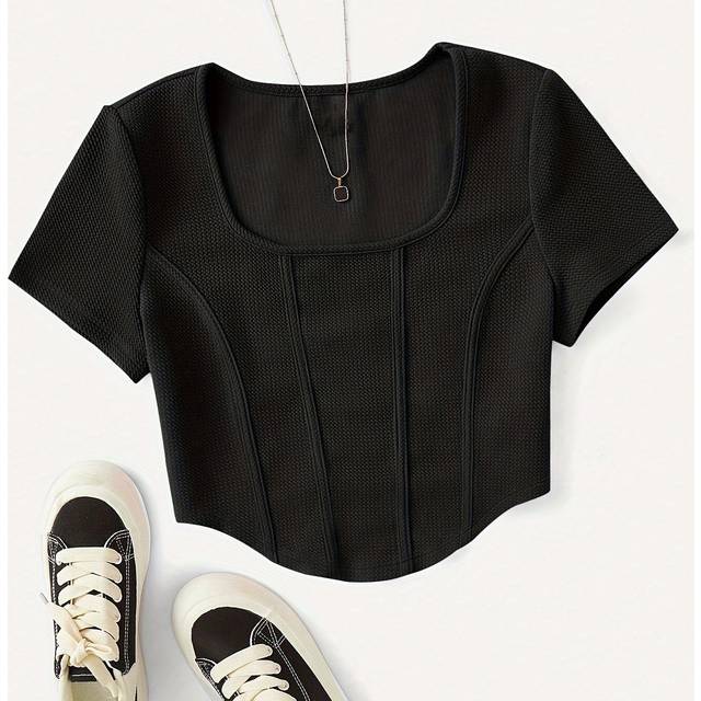 TEMU Solid Neck Bustier T-shirt, Casual Short Sleeve Crop Knitted T-shirt For Summer, Women's Clothing