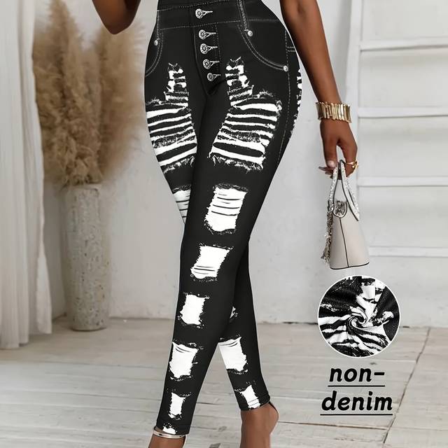 TEMU Women's Stretchy Skinny Leggings With Ripped Print - High-waisted, Comfortable & Breathable, Wear For Casual Or Fashionable Outfits