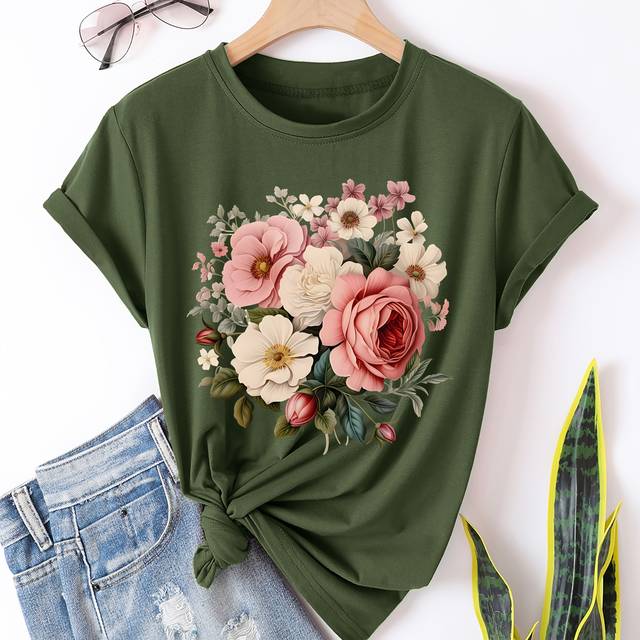TEMU Women's Bohemian Floral Print T-shirt - Short Sleeve Round Neck Casual Top With Pink Roses & White , Machine Washable Fit, Relaxed Fit Tee, Natureinspired Design, Nontransparent Fabric