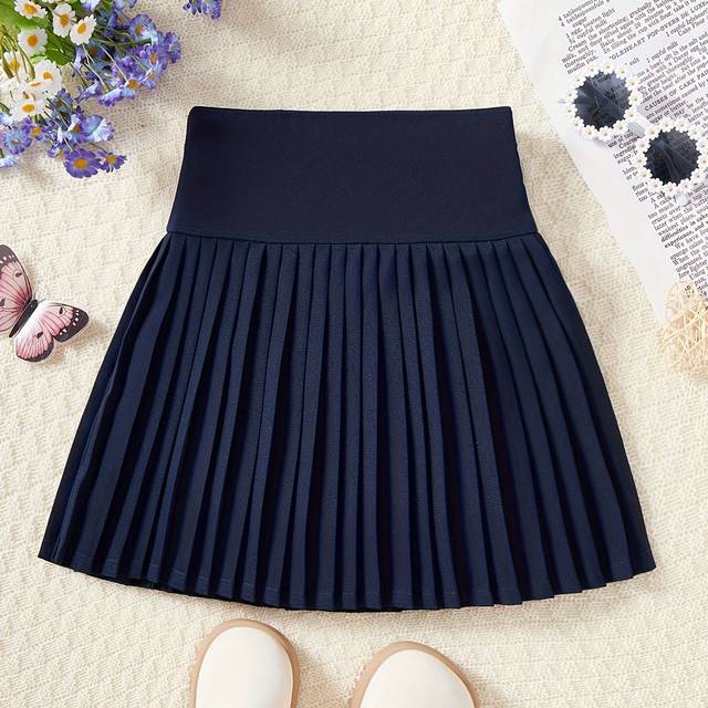 TEMU Girls' Pleated A-line Midi Skirt - Navy Blue Solid Color, Machine Washable Summer School Style Skirt For Kids & Tweens, Casual & Formal Wear, Cute Skirts, Children' Wear