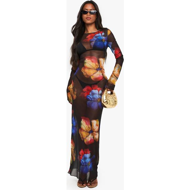 Womens Bold Floral Maxi Beach Dress - Black