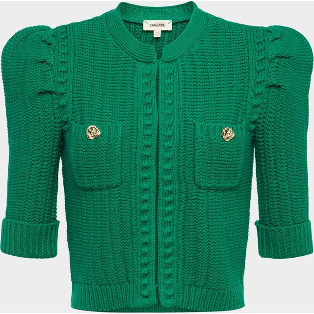 L'AGENCE Delilah Cropped Cardigan In Kelly Green/Gold Knot - XS