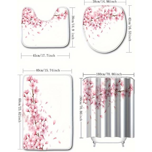 TEMU /4pcs Pink Cherry Pattern Bathroom Shower Curtain Set, With Plastic Hook Curtain, Floral Print Bathroom Mat, U-shaped Mat, Toilet Seat Mat, Bathroom Accessories