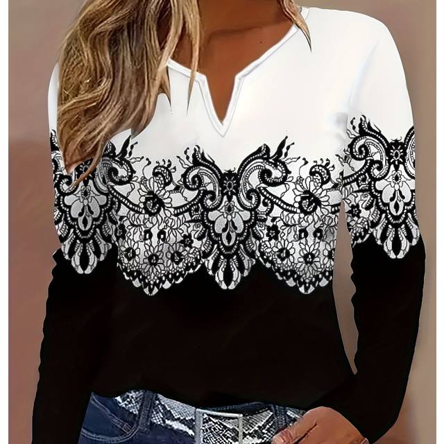 TEMU Women's Casual V-neck Long Sleeve T-shirt With Geometric Pattern - Polyester Knit Fabric, Autumn Fashion Top
