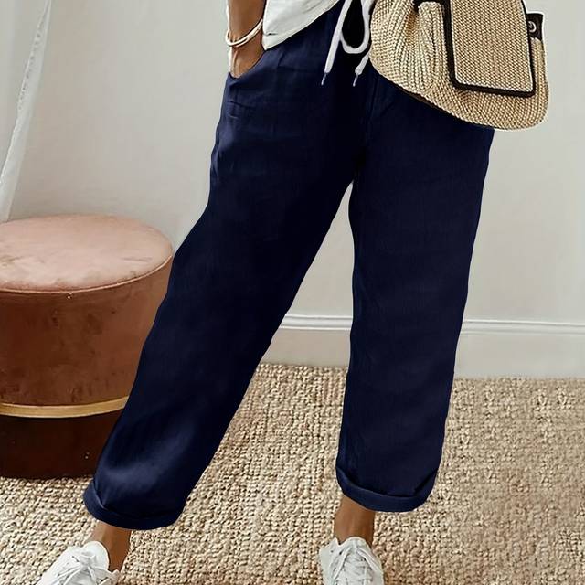 TEMU Women's Plus Size Navy Blue Drawstring Straight-leg Pants - Loose Fit, Elastic Waistband, Machine Washable For Spring/ Style