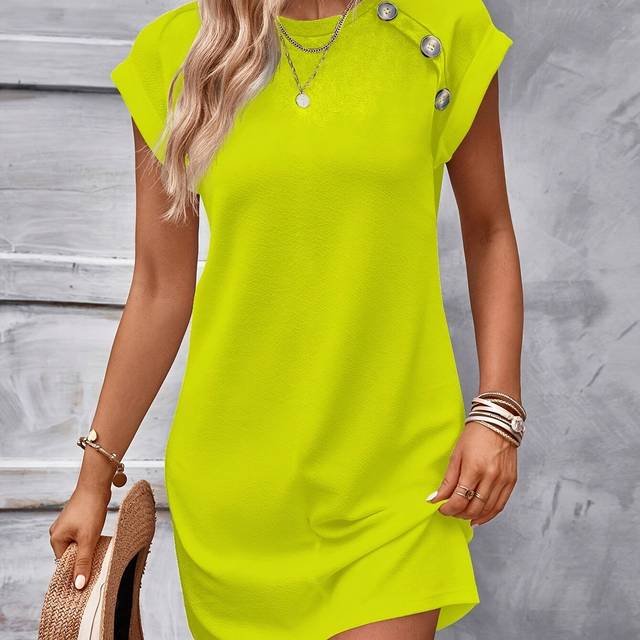 TEMU Women's Summer Casual Tunic Dress, Solid Color Polyester 100%, Crew Neck With Fake Buttons, Batwing Sleeves, Knit Fabric, 180g/m², Adult -