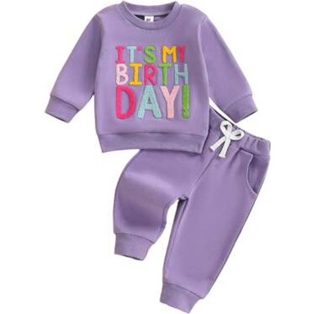 SHEIN Toddler Girls Birthday Outfits Letter Embroidery Long Sleeve Sweatshirt And Elastic Pants Set Baby 2 Piece Clothes
